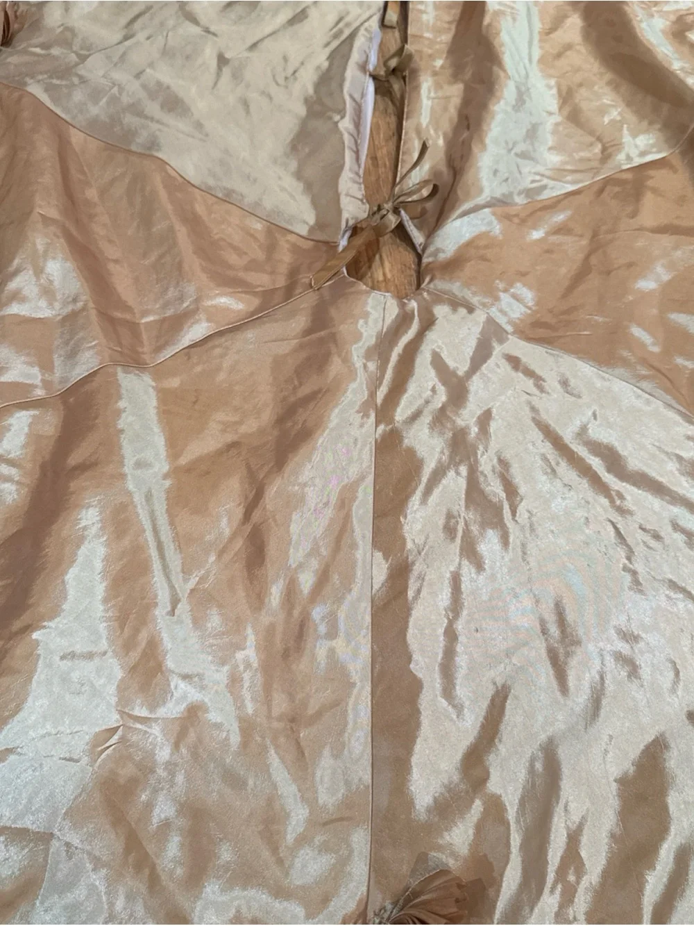 Vintage Gold Satin Christmas Tree Skirt 50” Ruffled Fringe Trim Shabby Chic